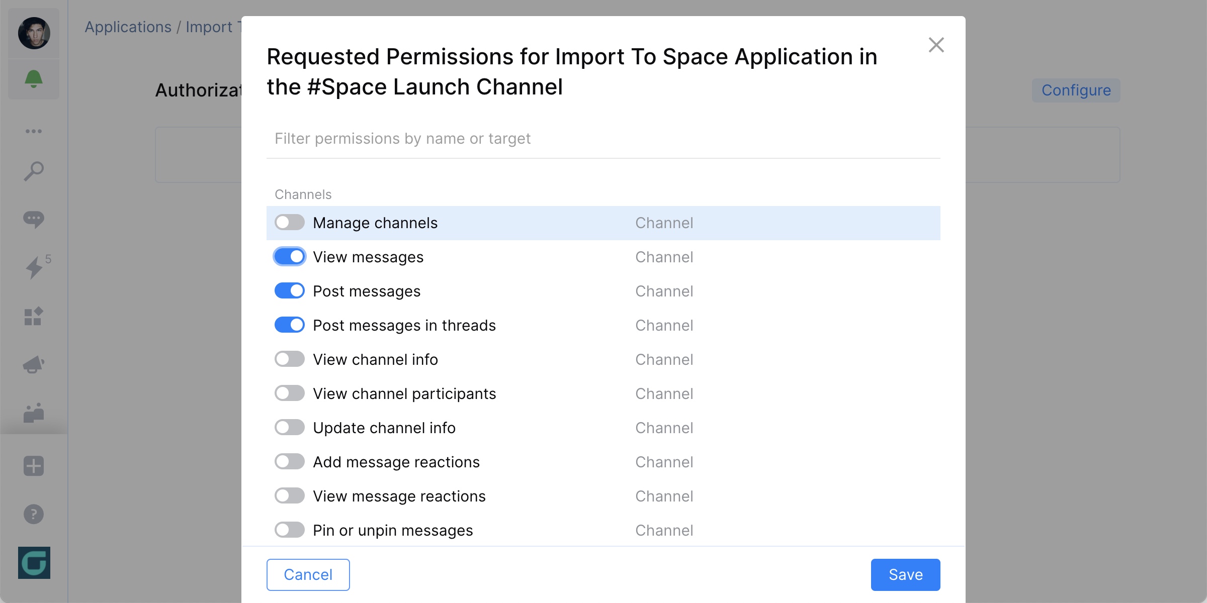 Allow Space apps to access private chat channels