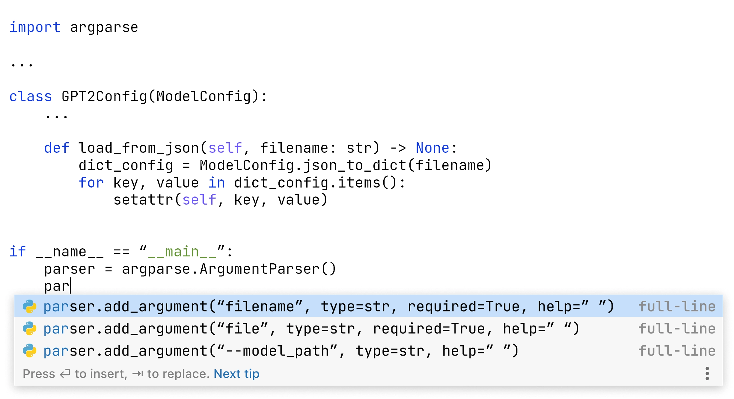 L'image affiche un fragment de code dans une fenêtre contextuelle de complétion de code. La fenêtre contextuelle contient trois suggestions de lignes de code complètes. Chacune des suggestions inclut un appel de méthode avec plusieurs paramètres.