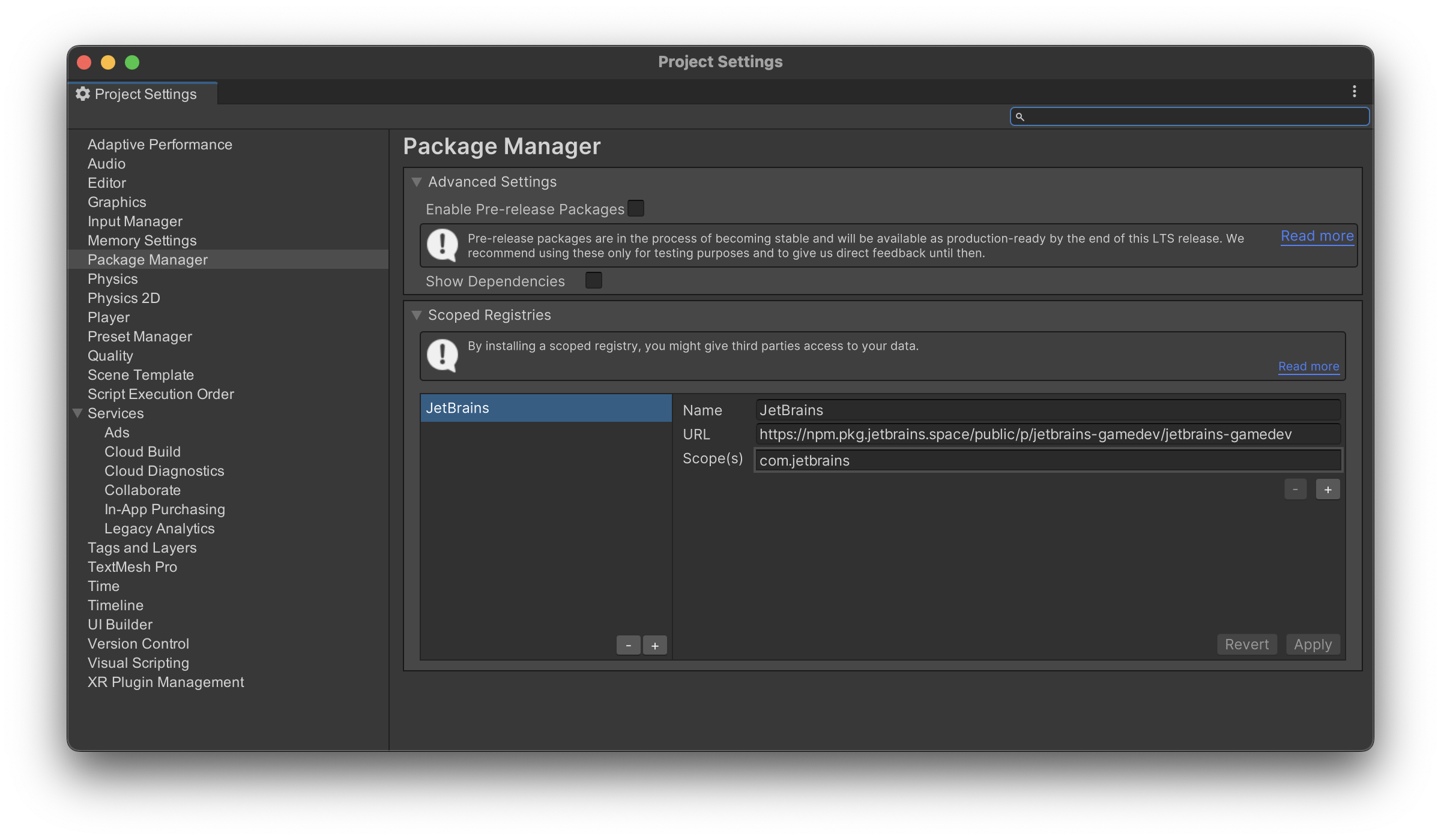 Unity editor project settings showing the JetBrains scoped registry values