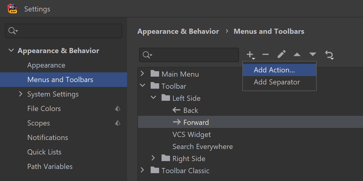 Customizing the main toolbar in Rider 2022.1