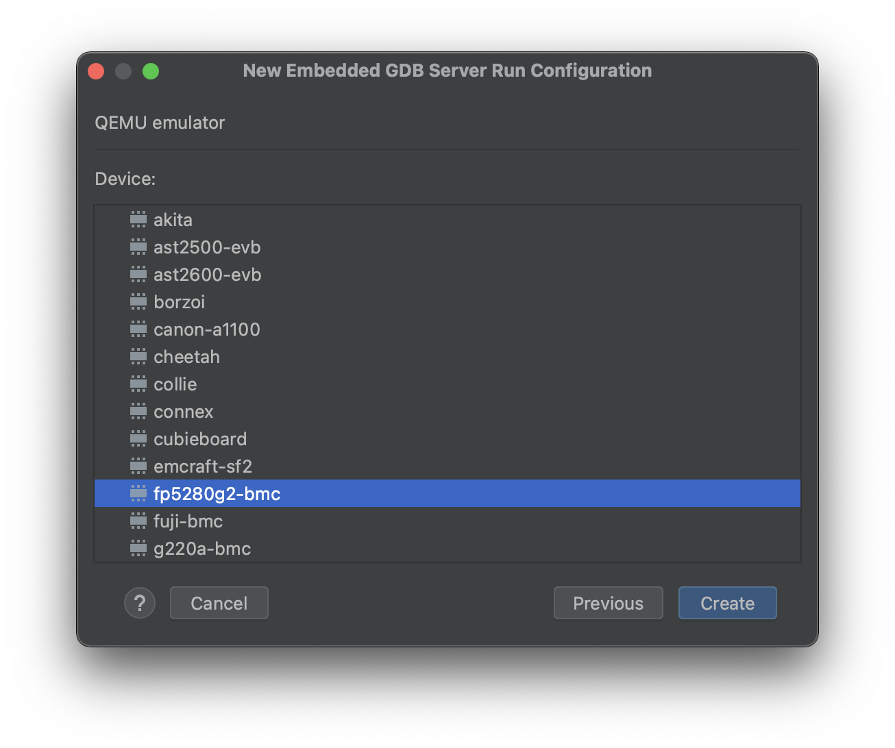 Embedded GDB Server Wizard: device selection