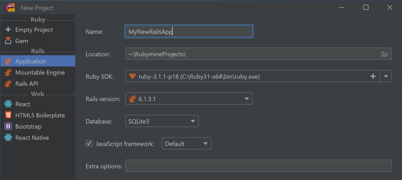 updated new project dialog