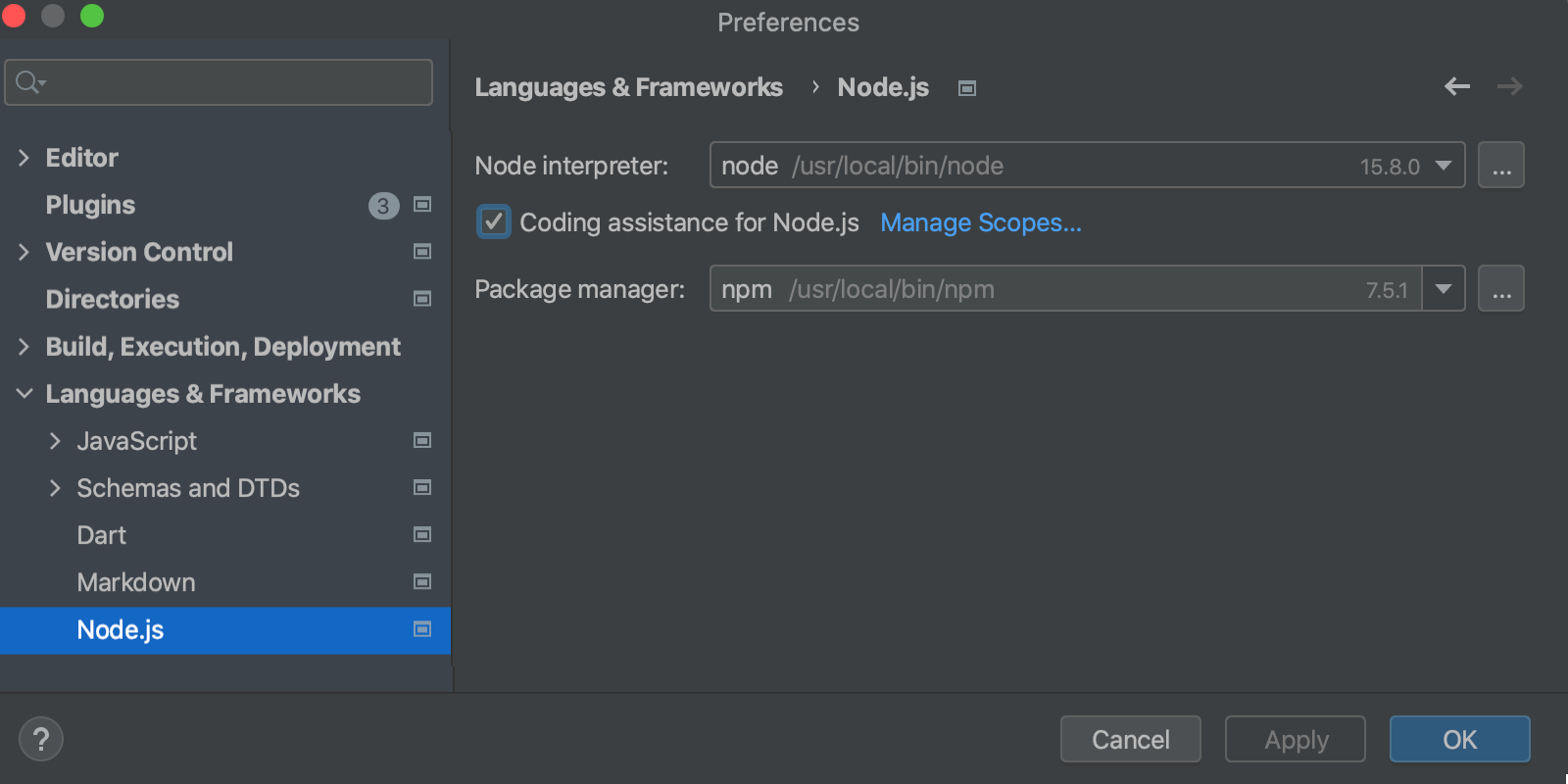 Enable coding assistance for Node.js