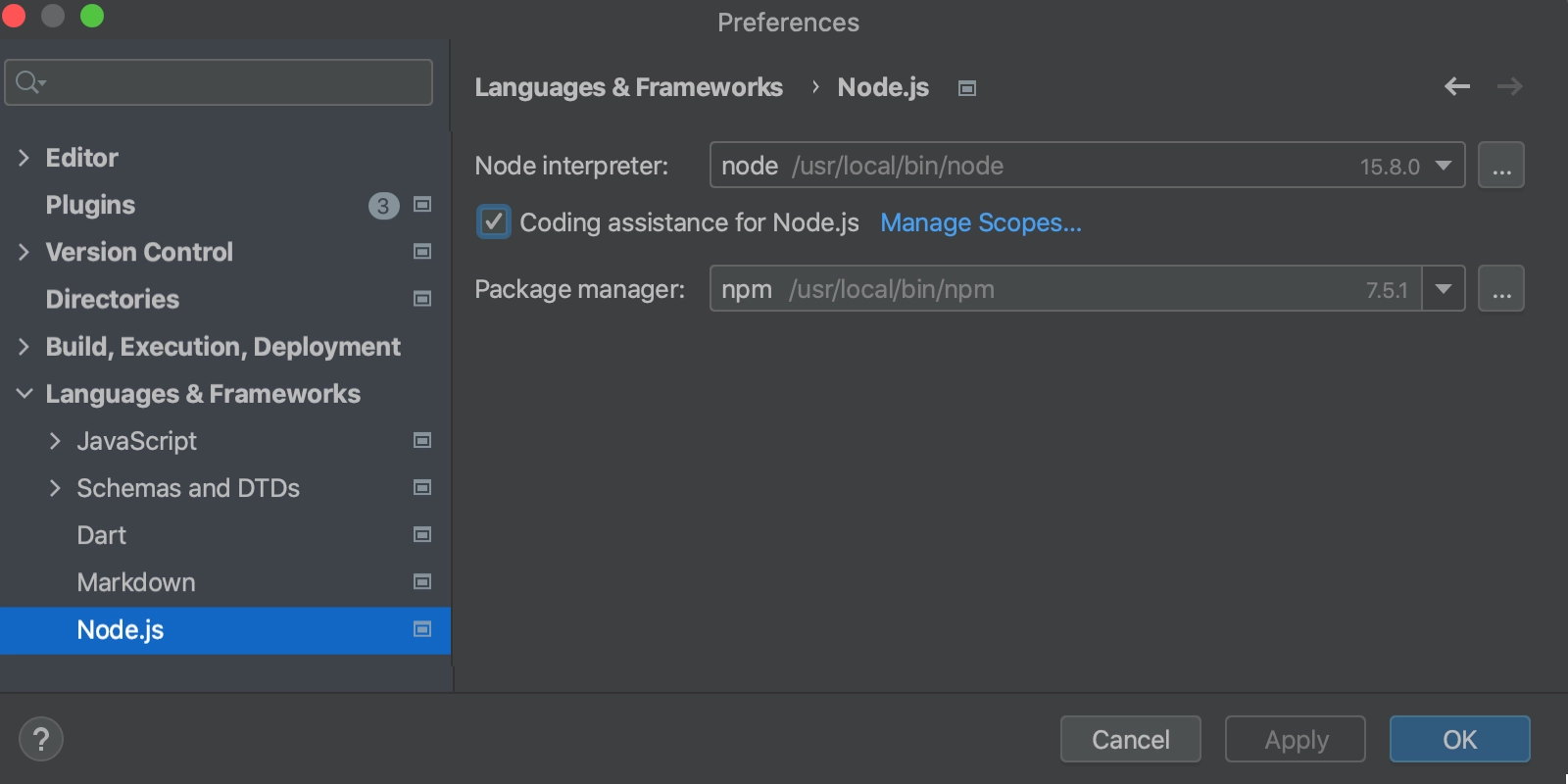 Enable coding assistance for Node.js