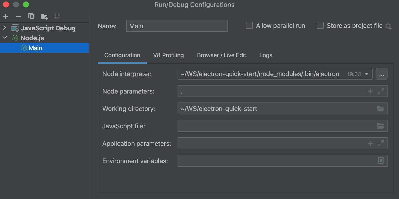 Run/Debug configuration: Main process