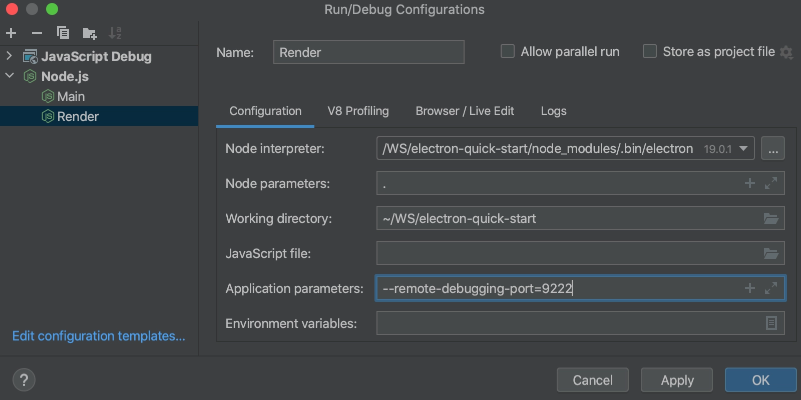 Node.js run/debug configuration for render process