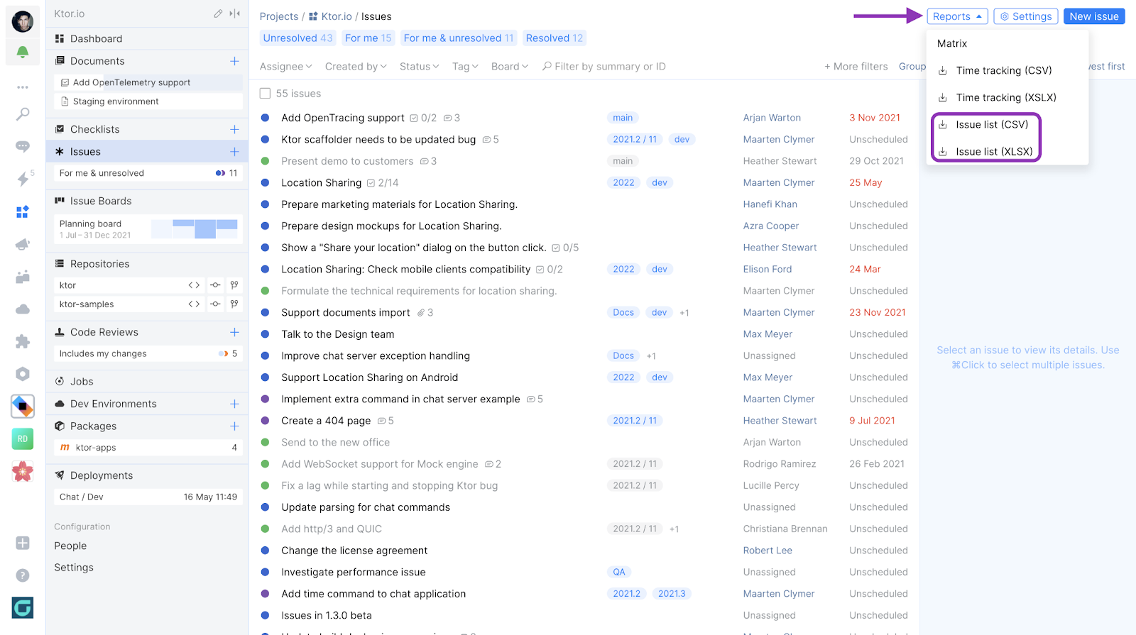 Export Project Issue list from Space