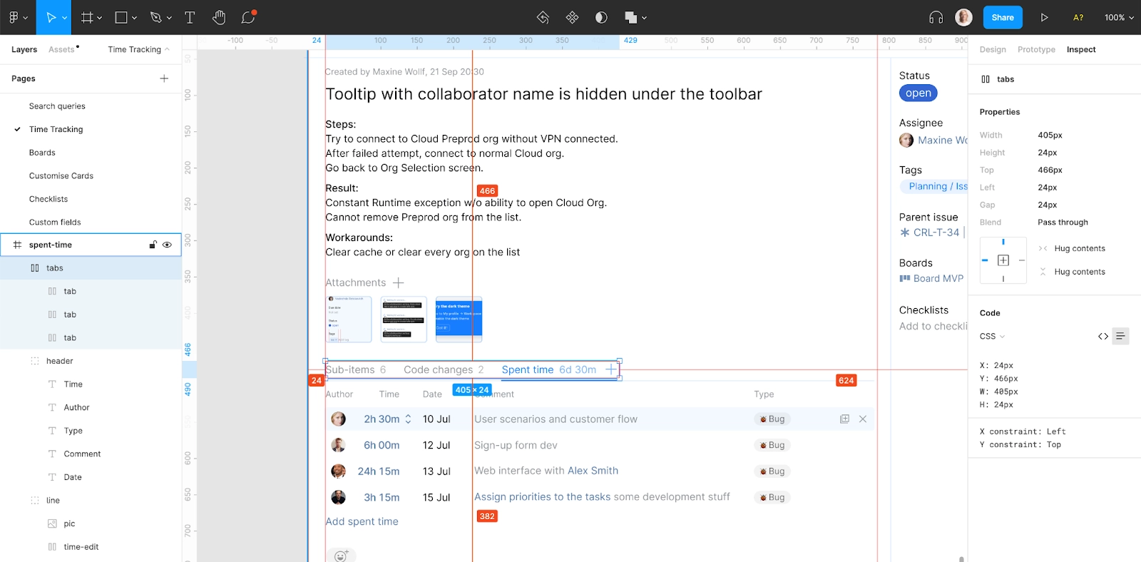 Figma design mock-up of the time-tracking functionality.