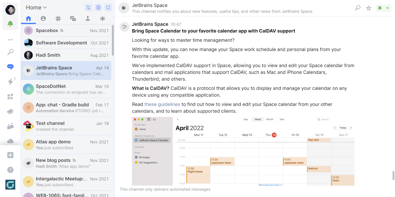 Announcement of CalDAV support posted to every Space Organization.