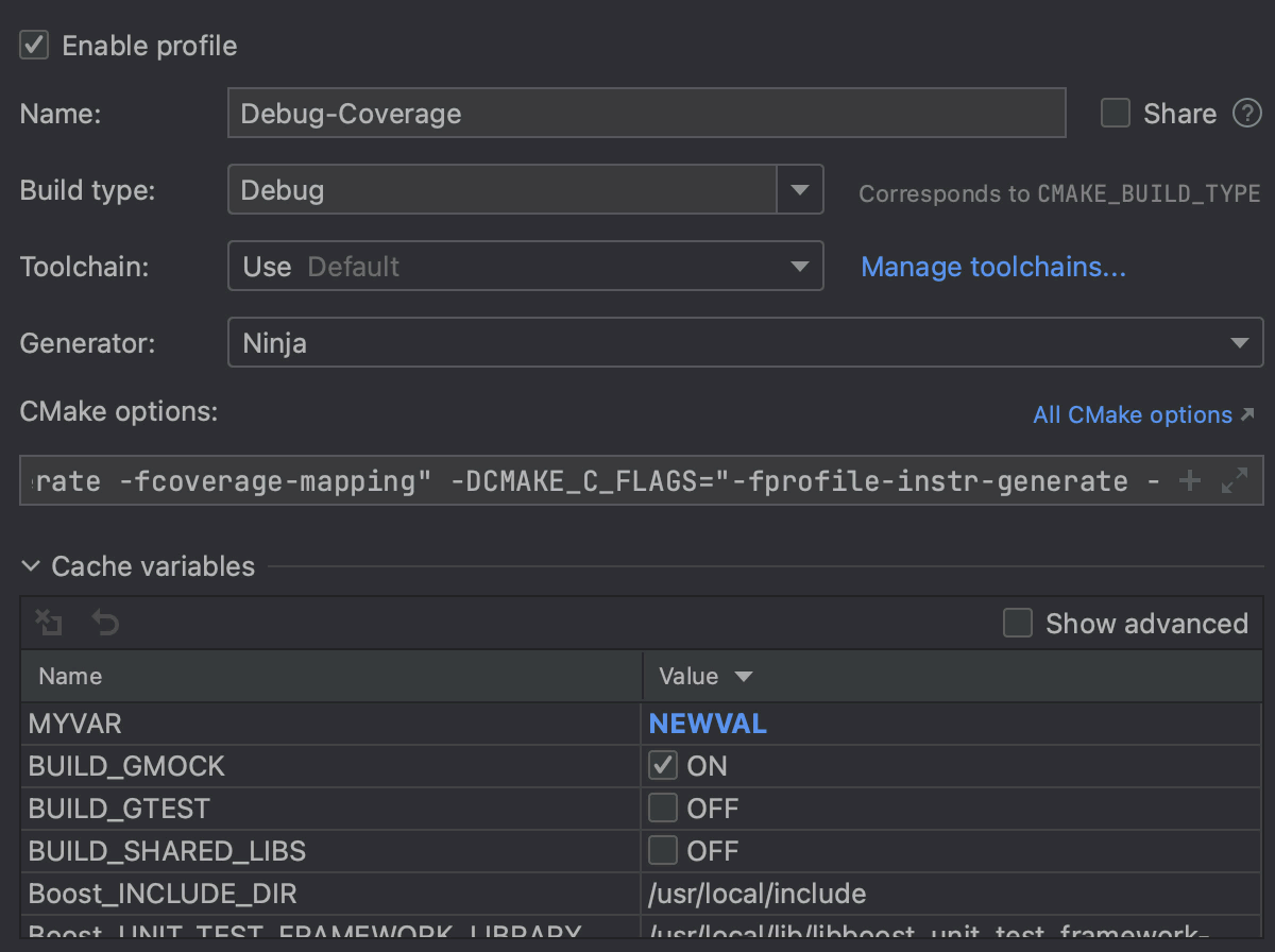 CMake Cache in CLion