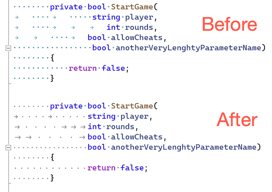 Mixed tabs/spaces document before and after enabling Virtual Formatter