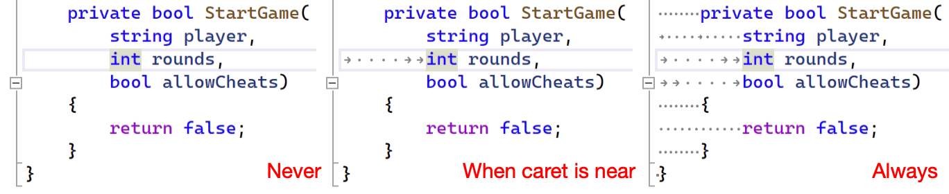 Virtual Formatter showing whitespaces never, when caret is near, and always.