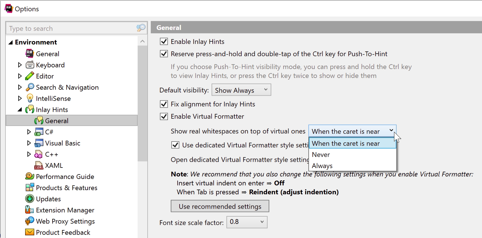 Virtual Formatter options page