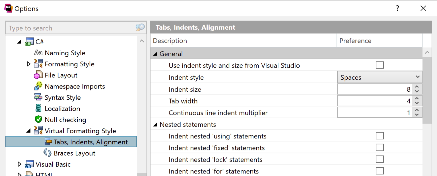 Virtual Formatter Style options for Tabs, Indents, Alignment