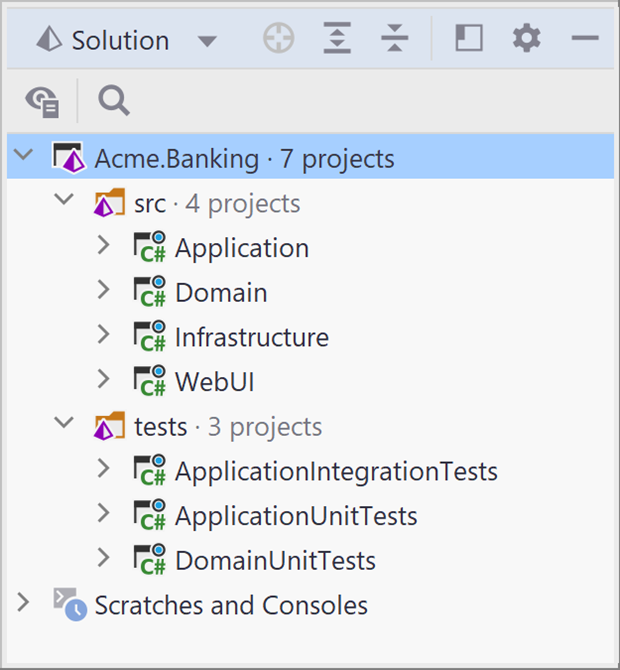 Image shows Rider's Solution Tool Window containing top level src and tests solution folders, with multiple projects in each one. 