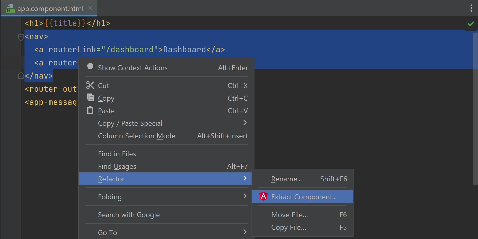 Using the Extract component refactoring to create a new component from the template