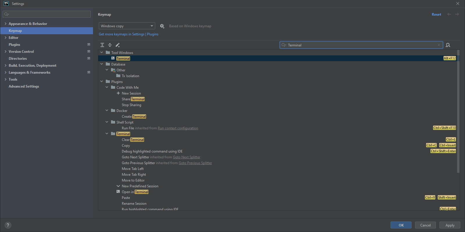 Search for shortcuts using the Keymap settings