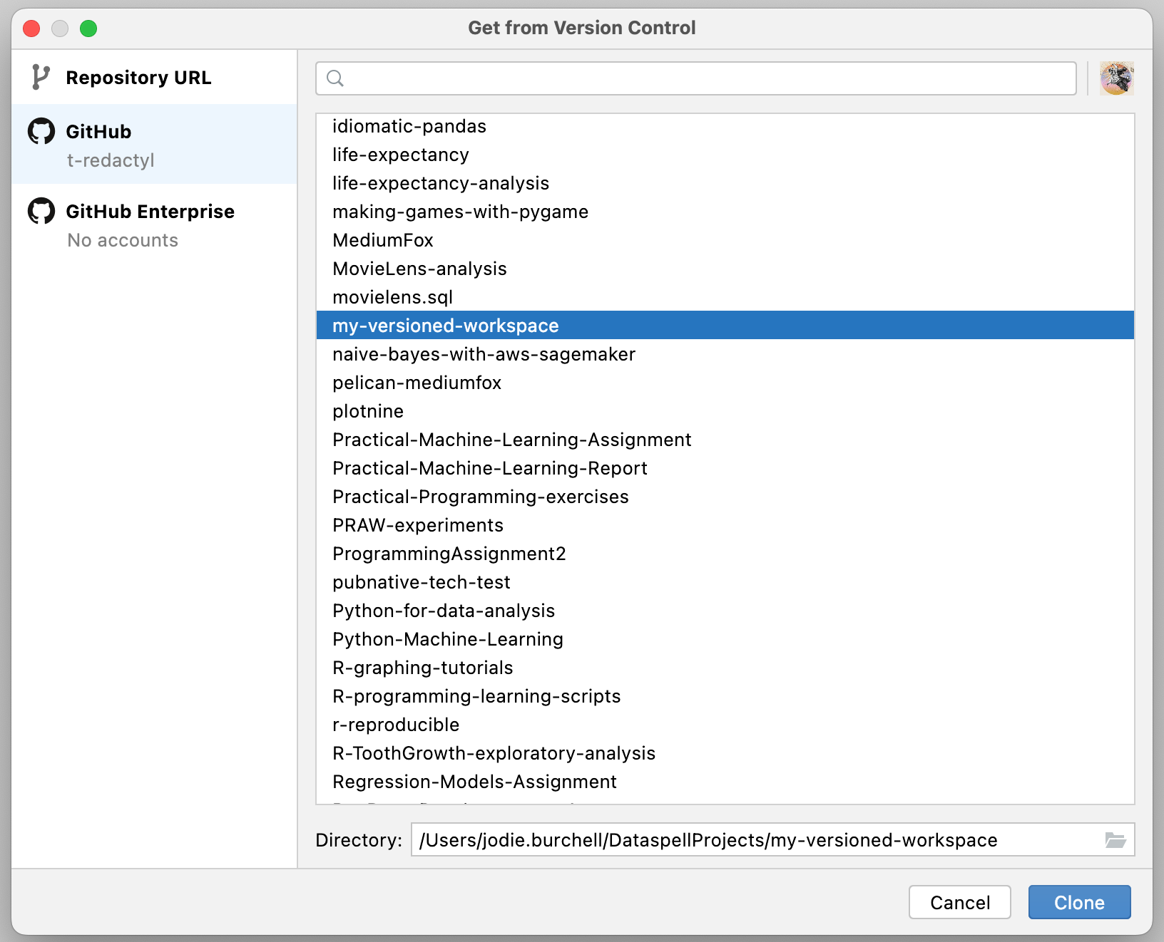 Popup containing all GitHub repositories that are available to be cloned by DataSpell.