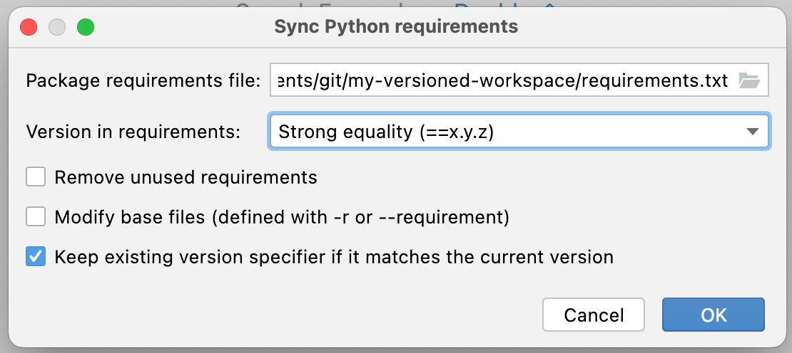 Munculan yang menampilkan opsi untuk mengimpor dependensi Python dari file persyaratan menggunakan DataSpell.