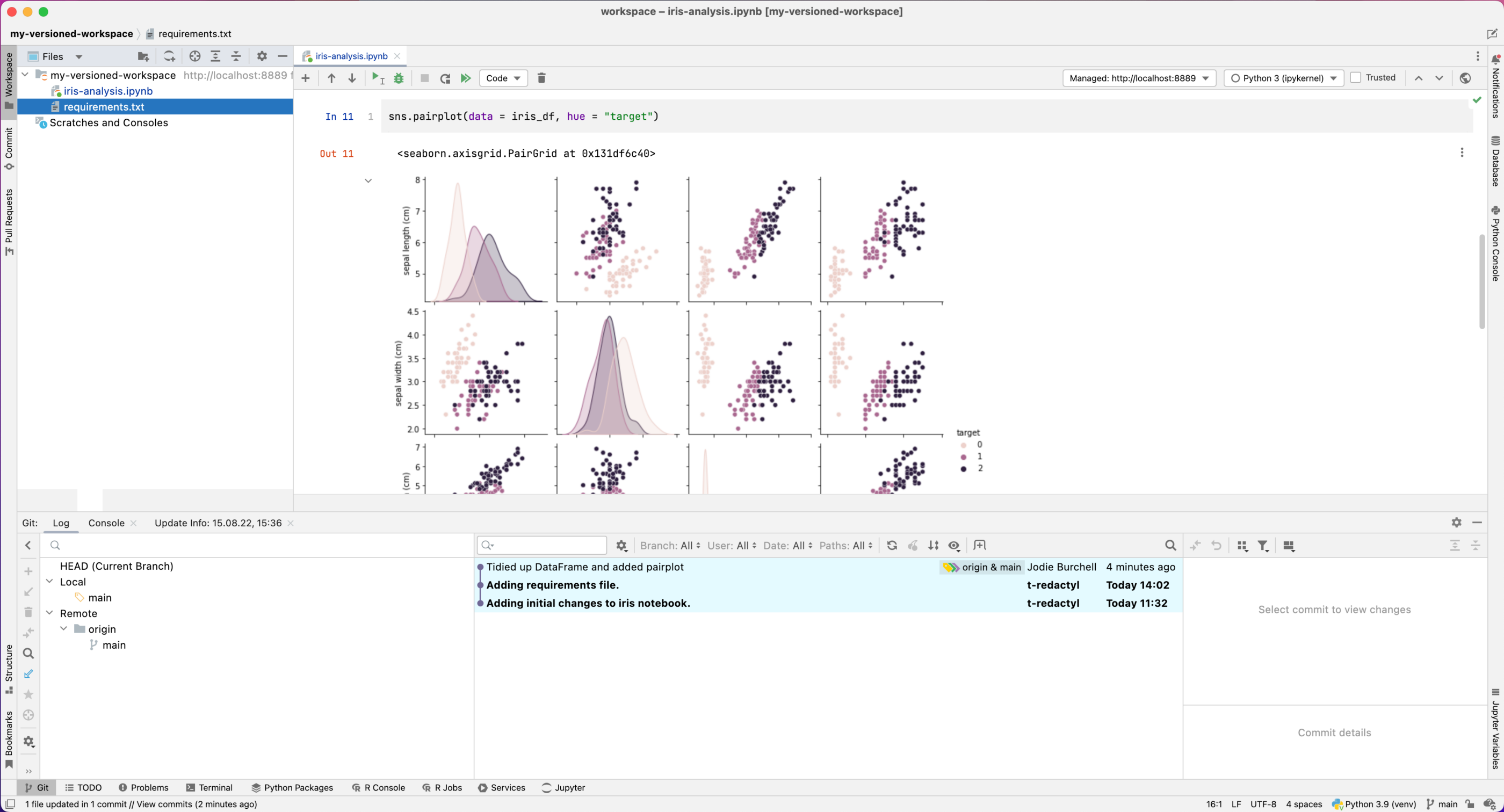 Screenshot showing Jupyter notebook and Git tab in DataSpell after pulling changes from a remote repository on GitHub.