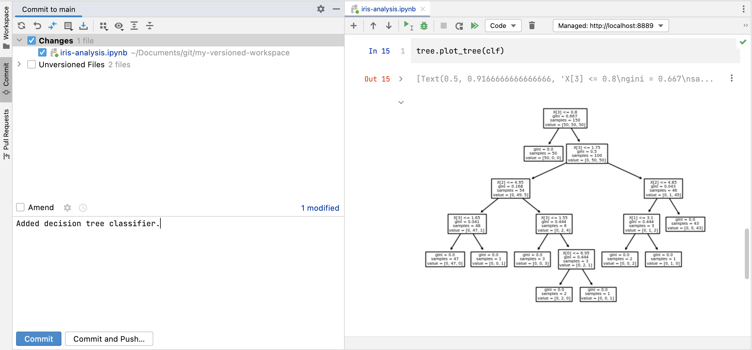 Screenshot showing Jupyter notebook and commit tab in DataSpell after making local changes.