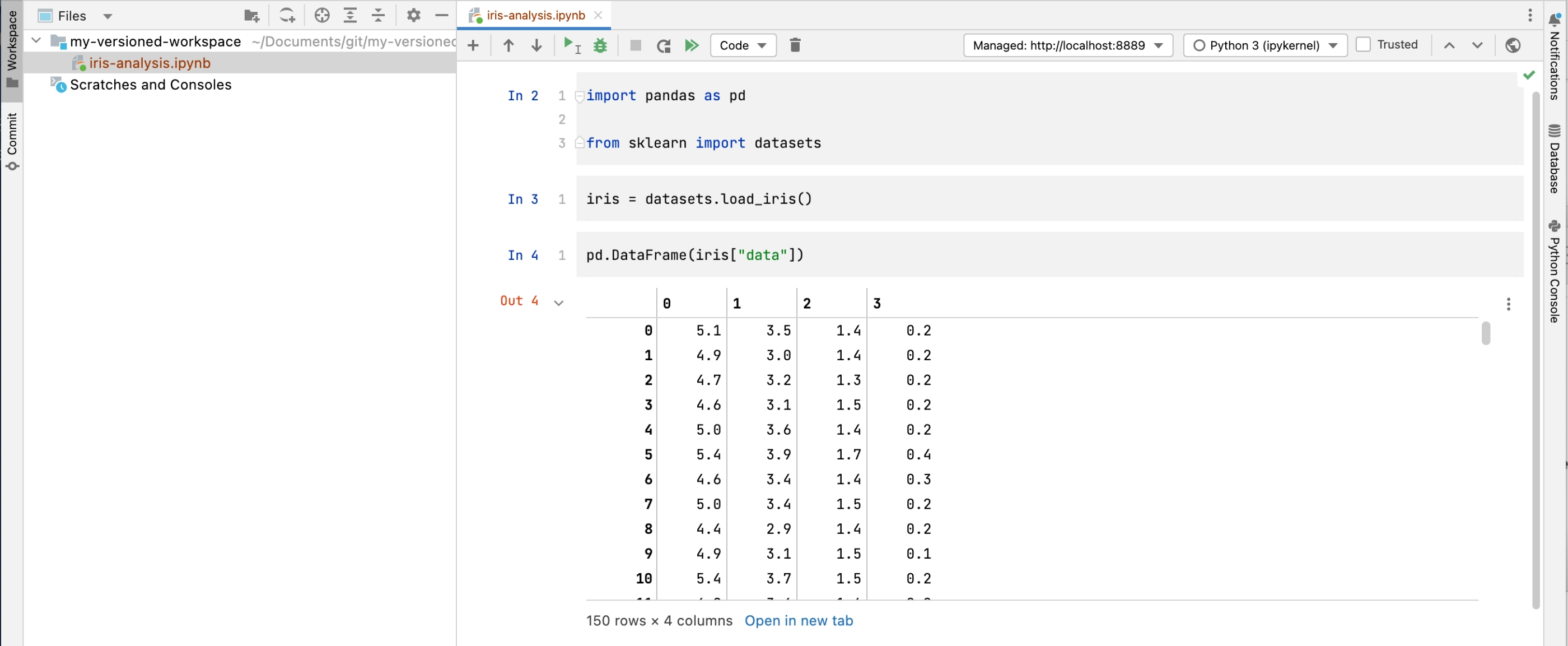 Screenshot of a DataSpell workspace containing a Jupyter notebook that has not yet been added to the local Git repo.