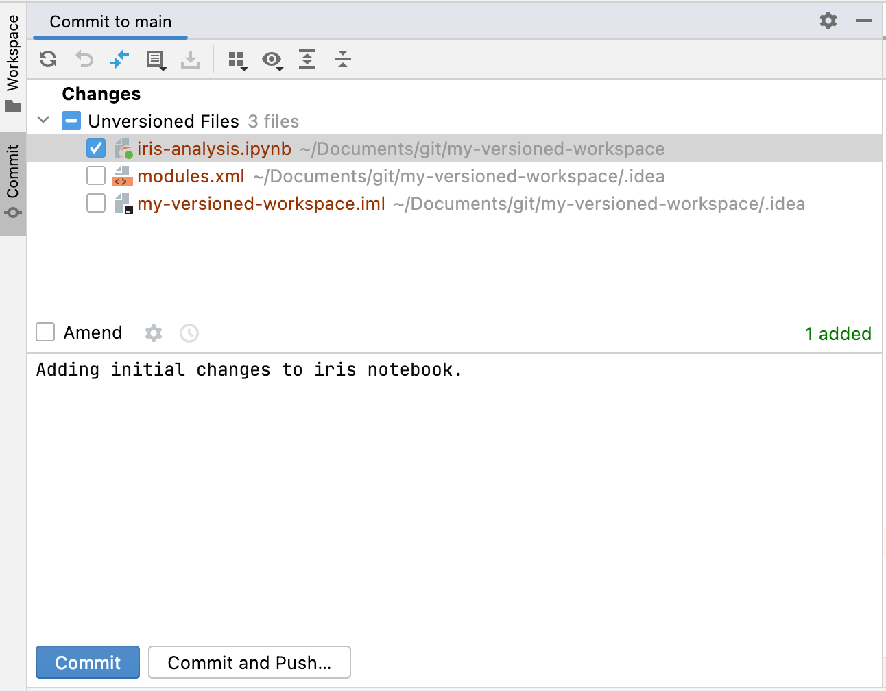 Tab komit di DataSpell dengan notebook Jupyter dipilih untuk dilacak oleh Git dan pesan komit di kotak di bawah ini.