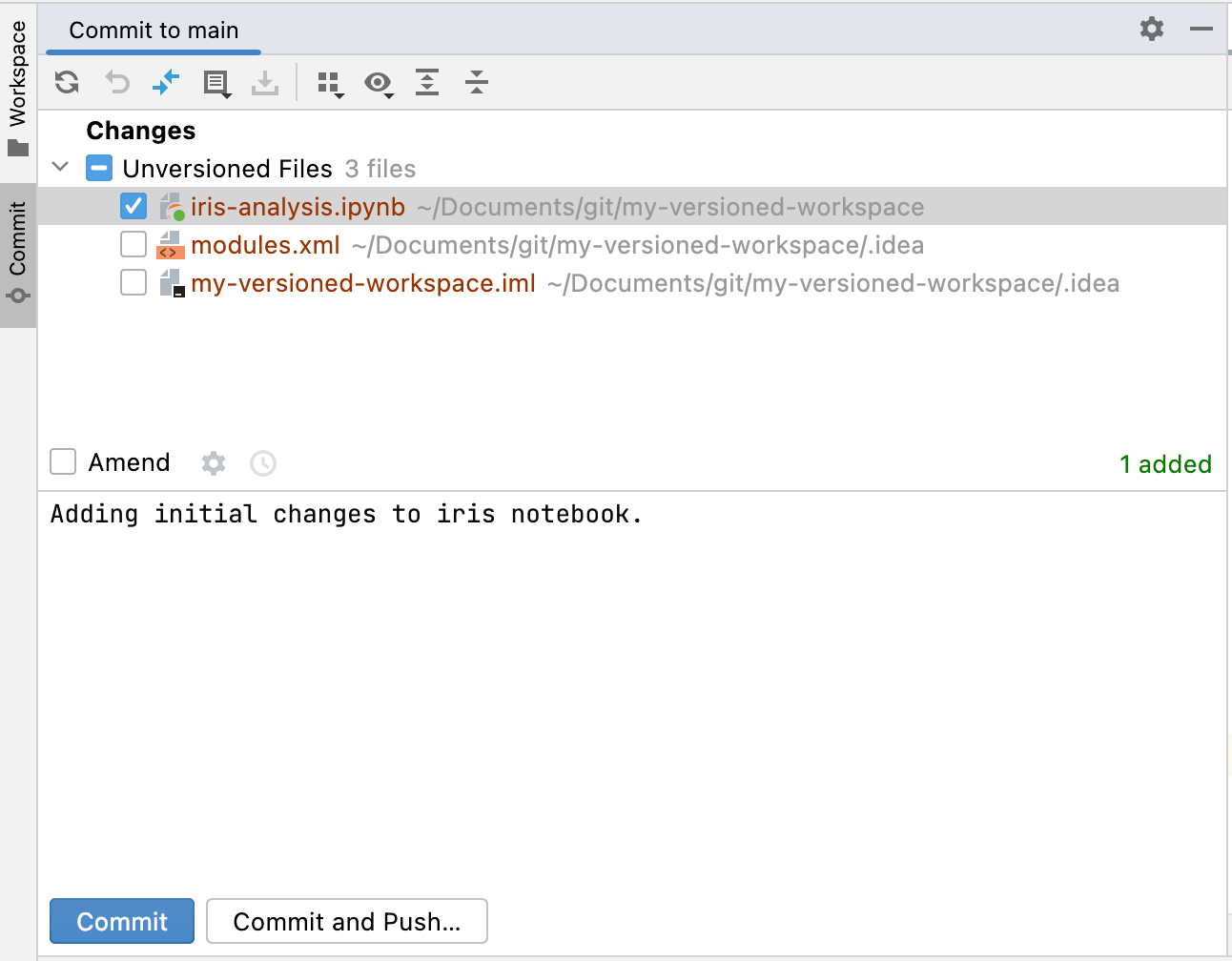 Commit tab in DataSpell with Jupyter notebook selected for tracking by Git and a commit message in the box below.