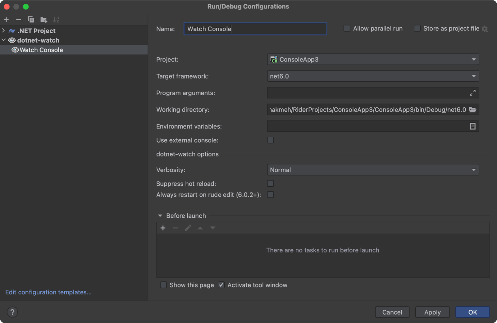 dotnet watch run configuration in JetBrains Rider