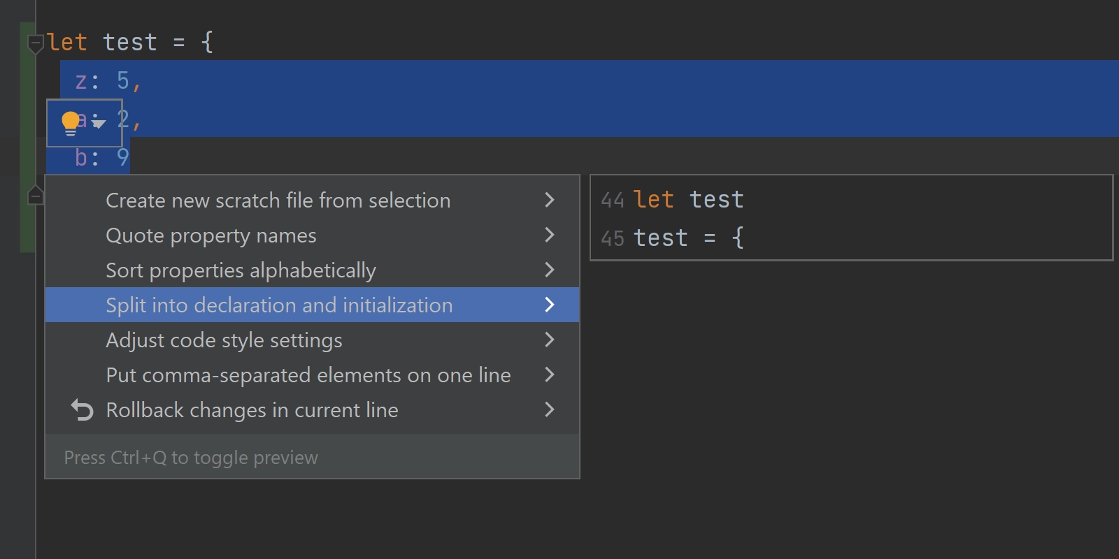 Intention action preview showing how the code will change if the intention is used