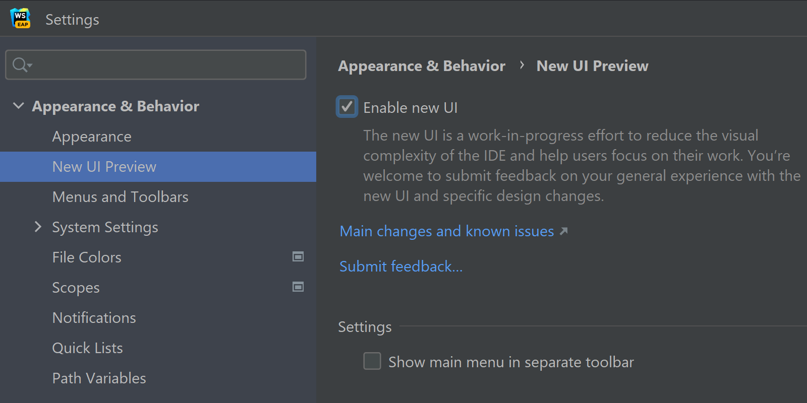 Settings to show how to enable the new UI
