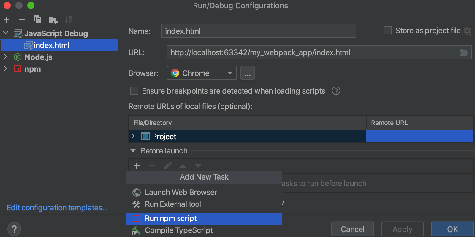 Add Before Launch task: select Run npm script
