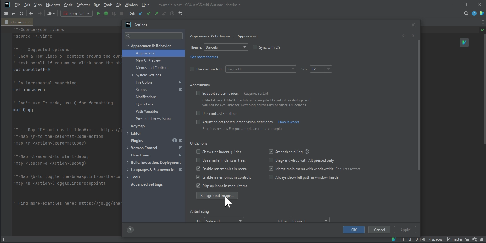 Adding a Vim keymap to the IDE's background