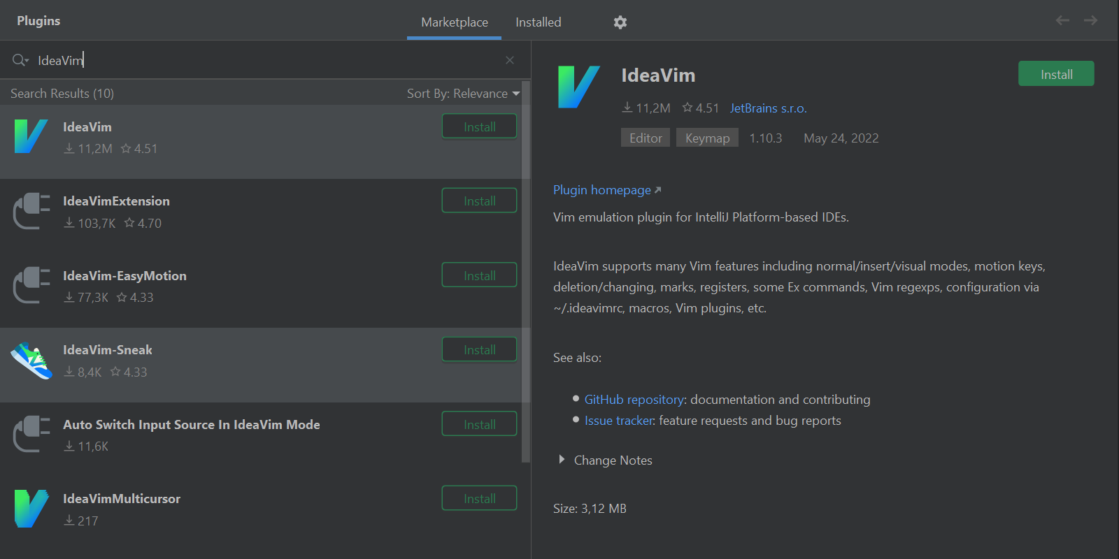 Installing the IdeaVim plugin from the settings