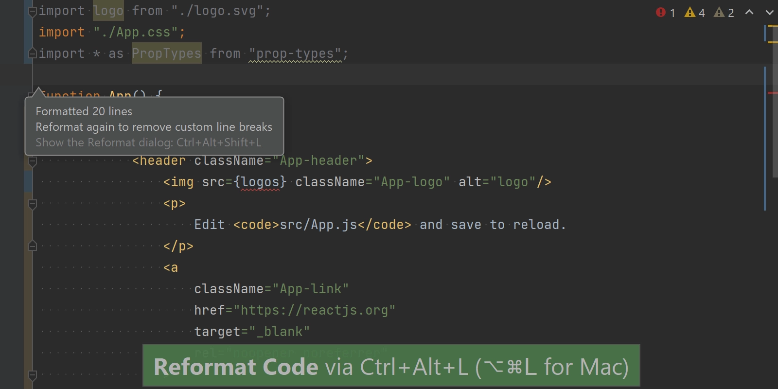 React 코드의 문제 및 오류를 표시한 다음 Reformat Code 액션과 Optimize Imports 액션으로 수정