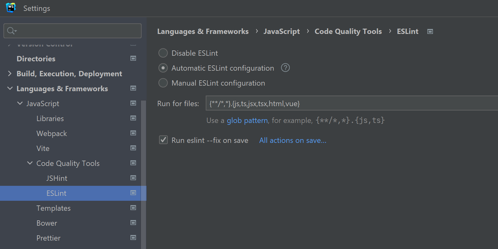 显示 Settings（设置）中的 ESLint 设置