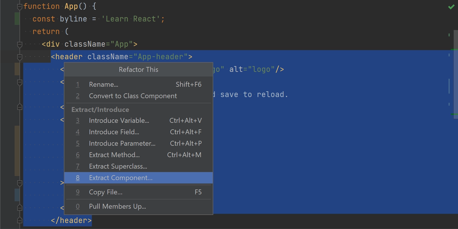 Extracting a react component with the Refactor This action