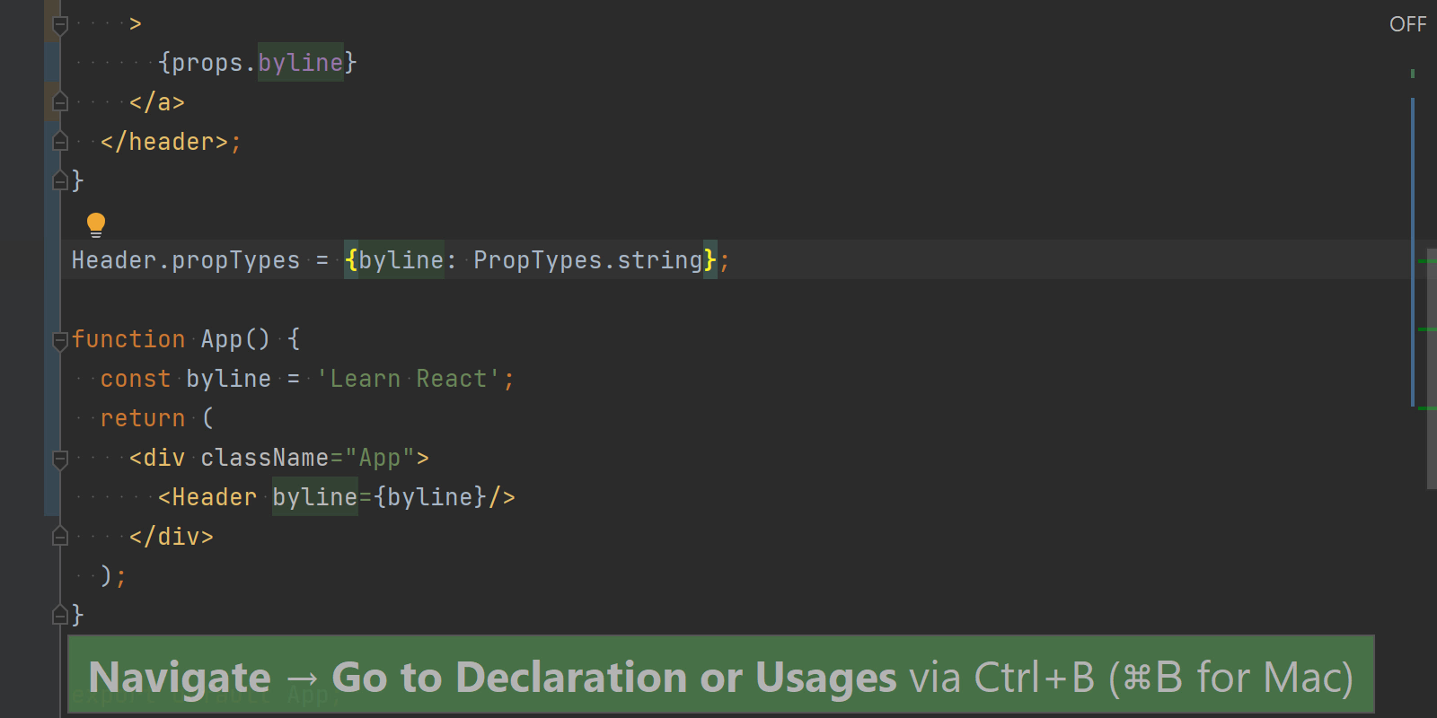 Ctrl+B를 사용하여 코드의 byLine 선언으로 이동