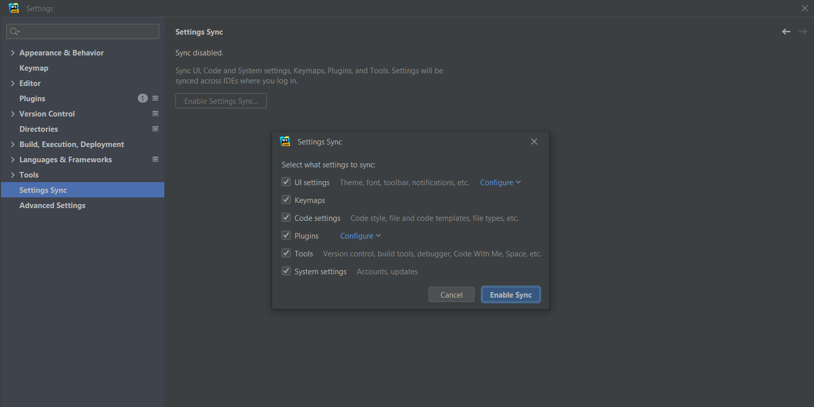 Enable settings sync in the WebStorm settings 