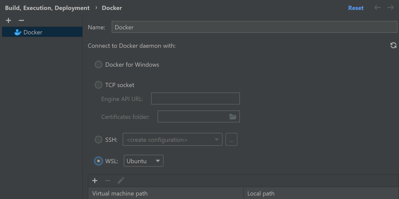 New WSL option in the Docker connection settings 