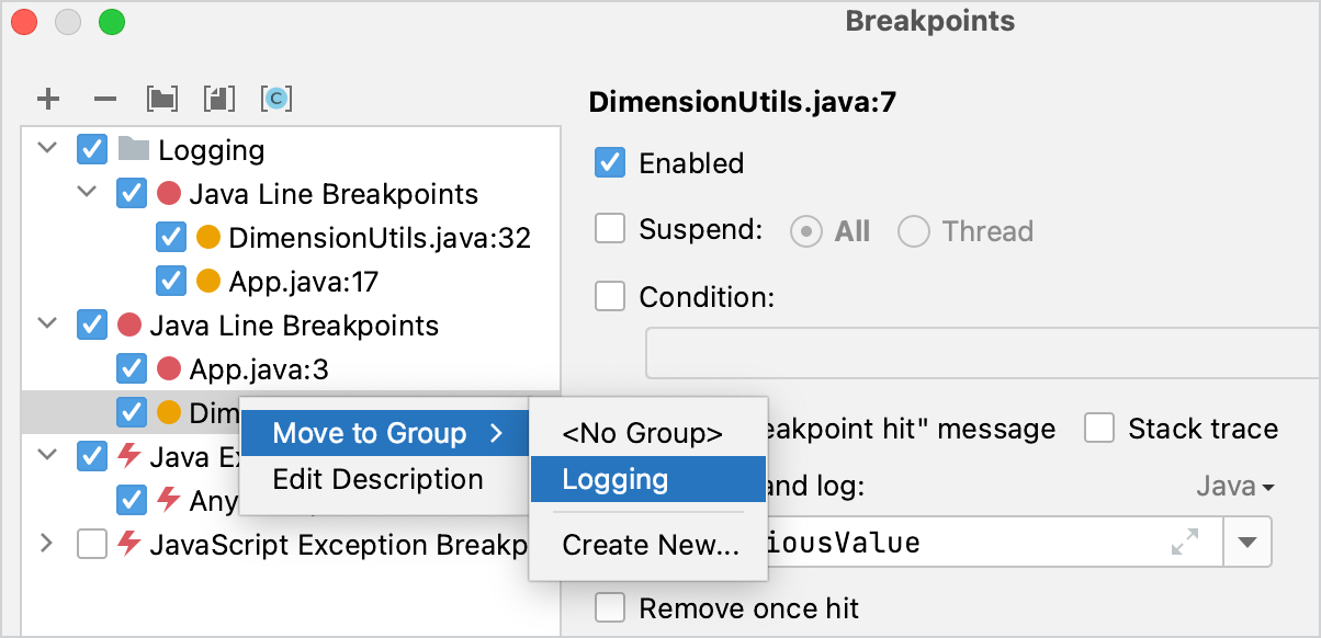 Right-click a breakpoint to open a context menu, which allows you to group breakpoints.