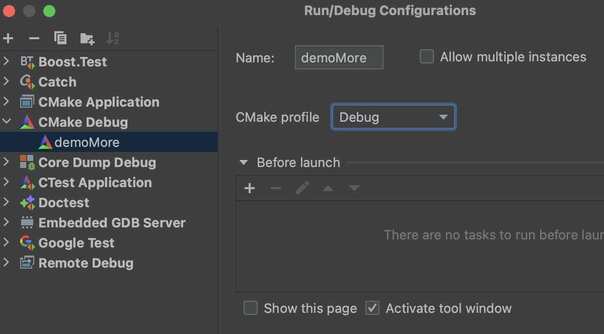 CMake debug configuration