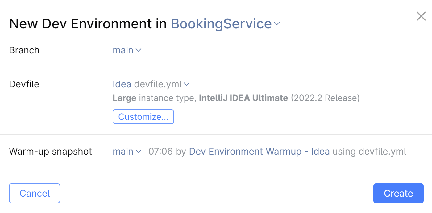 Select devfile when creating a new dev environment