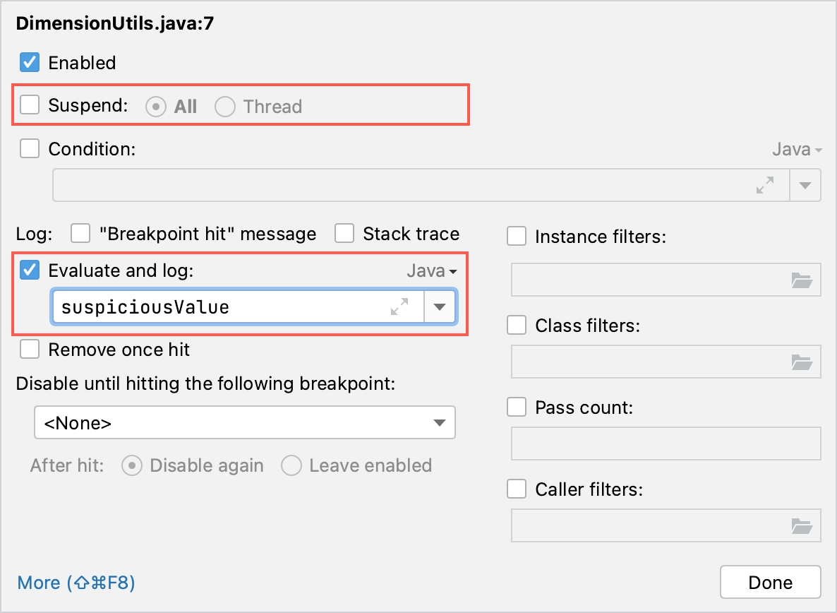 Breakpoint Properties dialog with the Suspend box unchecked and Evaluate and log field populated with an expression.