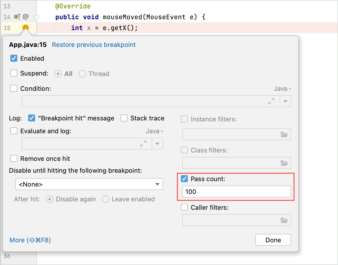 The Breakpoint Properties Dialog with the Pass count field highlighted.