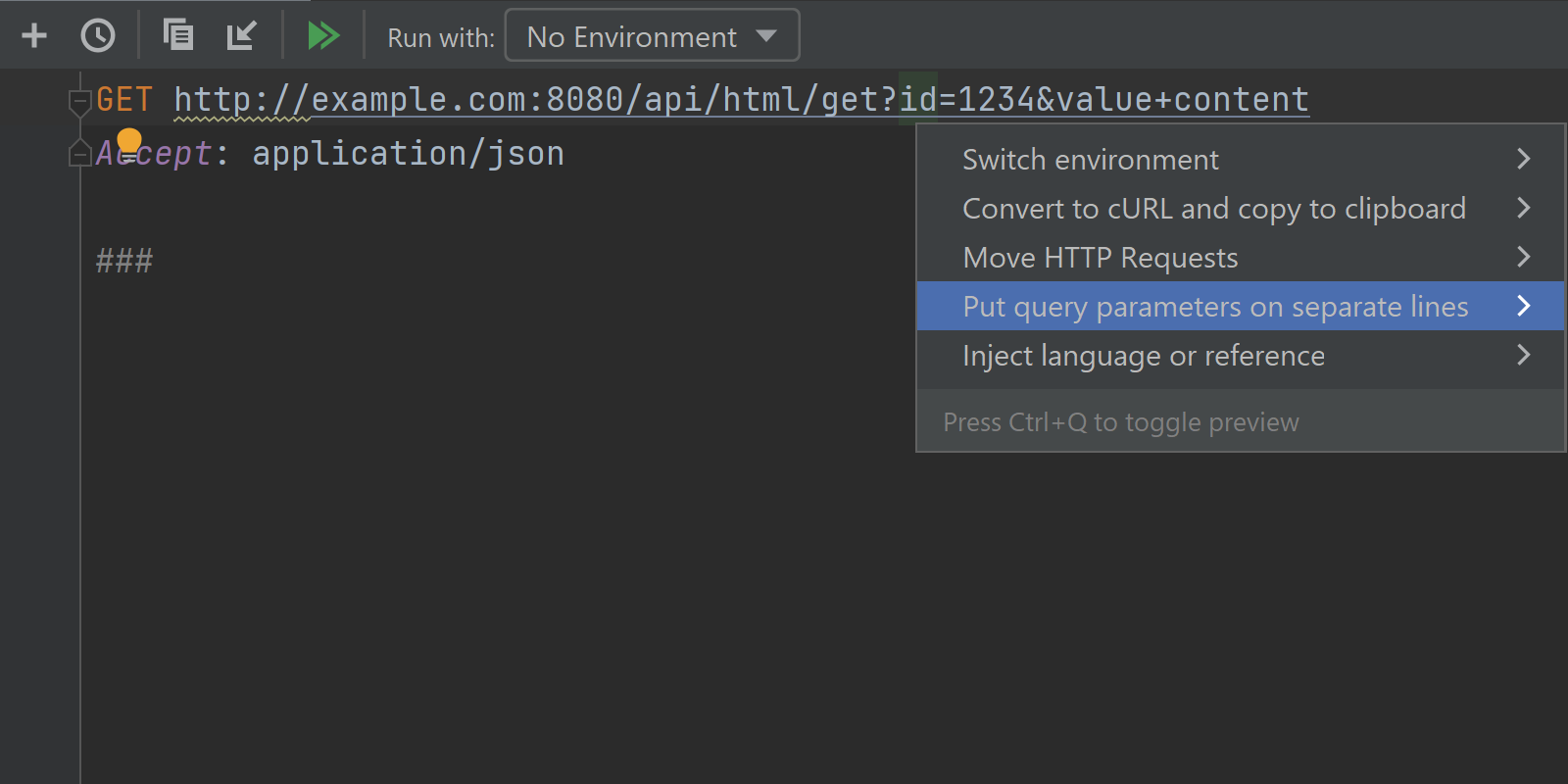 Drop down showing the put query parameters on seperate lines intention