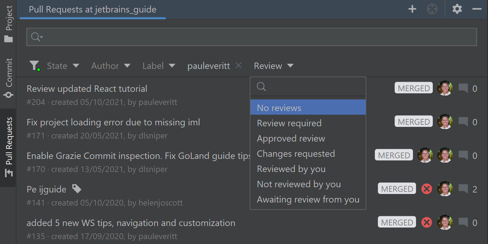 An example of the Pull request review list working in WebStorm
