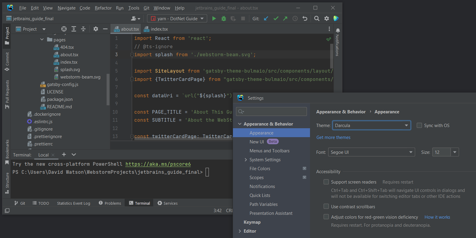 Example of the Darcula theme in WebStorm