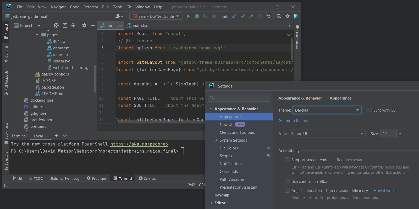 Example of the Darcula theme in WebStorm