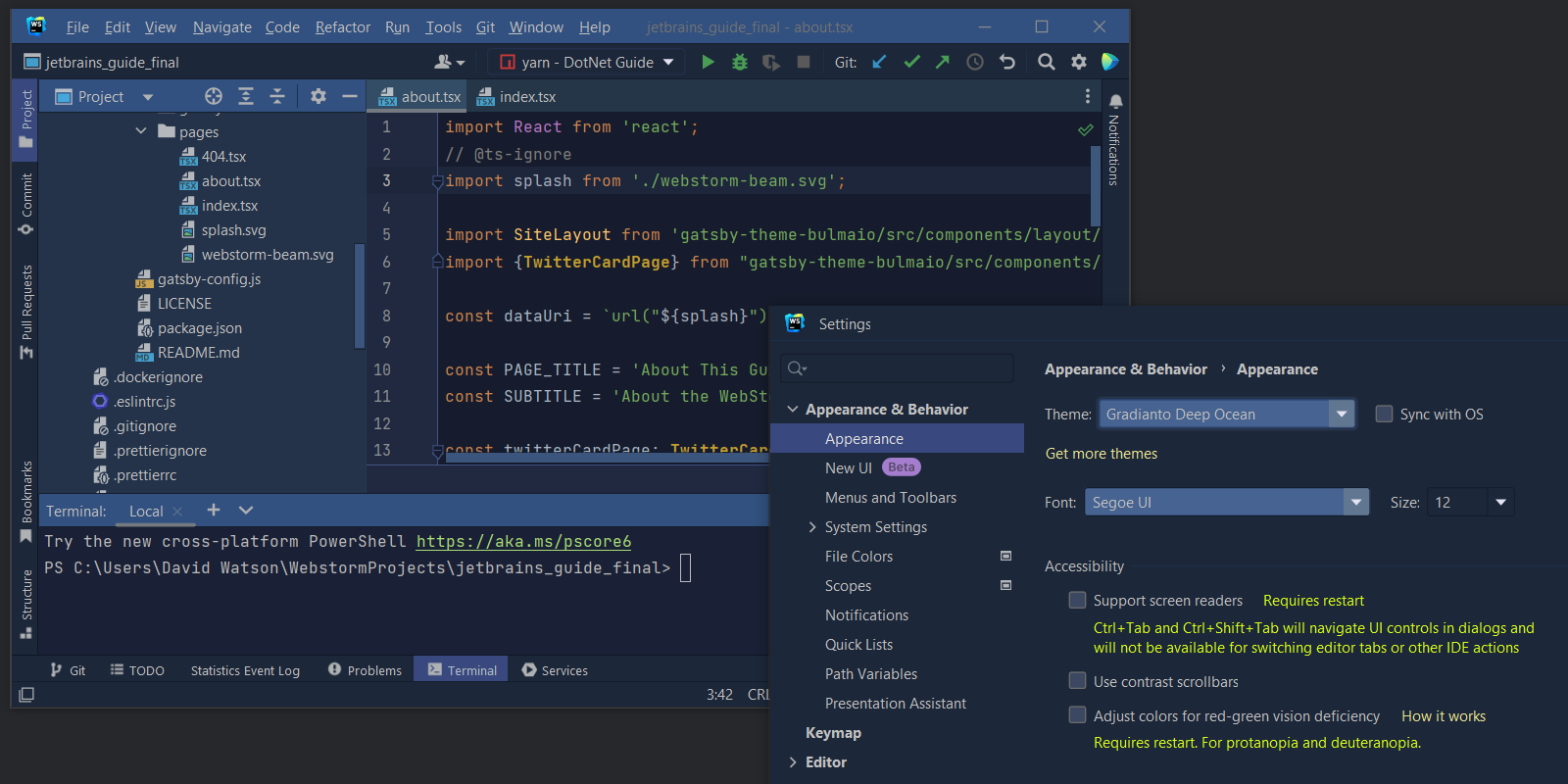 Example of the Gradianto theme in WebStorm